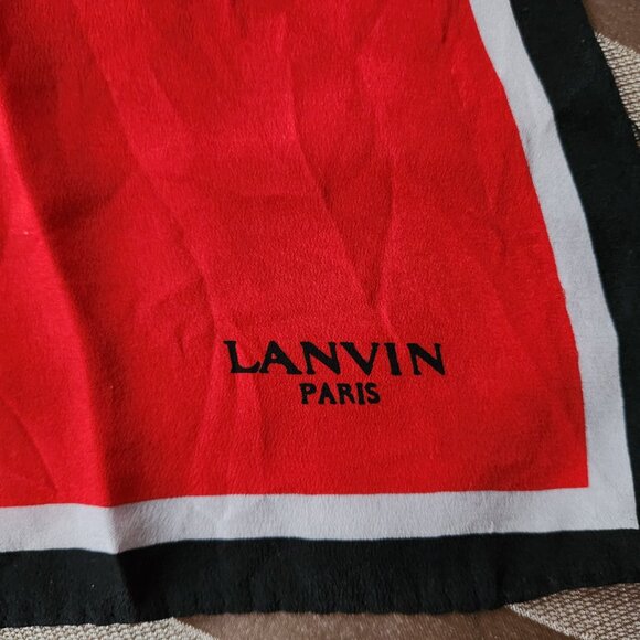 LANVIN PARIS VINTAGE 100% SILK WOMAN SCARF BLACK, GRAY AND RED GEOMETRIC DESIGN - Picture 4 of 6